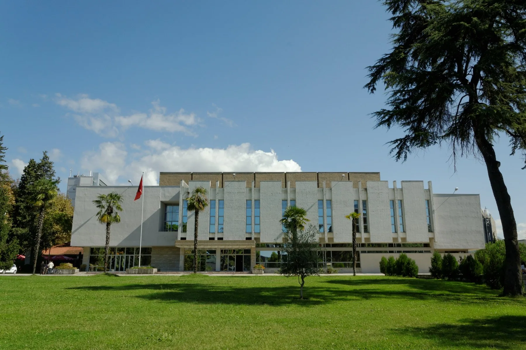 Nationalgalleriets ljusa fasad med palmer och träd under blå himmel i Tirana