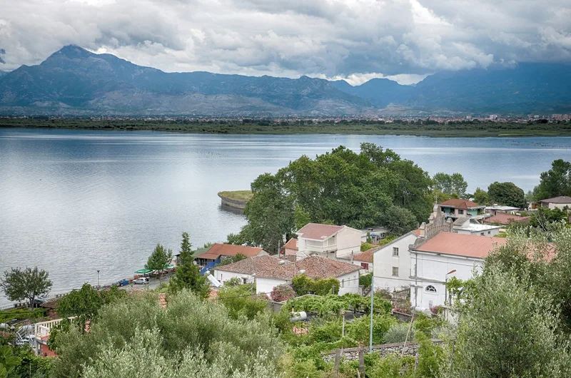 Hus med röda tak bland grönska i byn Shiroka vid Shkodrasjön, med sjön och bergen bortom